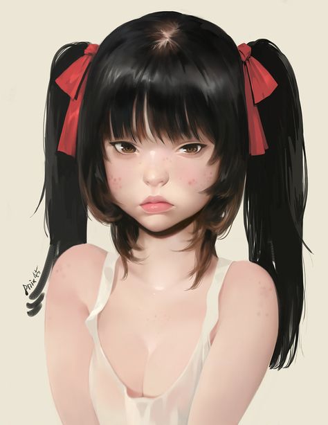 Girl with acne, Taejune Kim on ArtStation at https://www.artstation.com/artwork/yze4K Acne Art Drawing, Girl With Acne, Digital Art Beginner, Disney Concept Art, Game Character Design, Creepy Art, Art Style Inspiration, Woman Drawing, Realistic Art