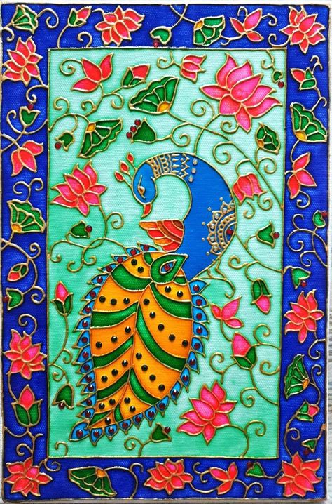 Madhubani Glass Painting, Meenakari Painting Design Outline, Meenakari Art Design, Meenakari Painting Design, Meenakari Painting On Canvas, Minakari Painting, Meenakari Painting, Meenakari Art, Glass Painting Patterns