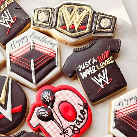 chelstreatsnola | ⚪️⚫️🔴Jacob's Smackdown to Double digits! 🔴⚫️⚪️ #10thbirthdaycookies #wwesmackdown #wwebirthdayparty #harveycookiert... | Instagram Wwe Birthday Cookies, Wwe Cookies, Wwe Birthday Party Ideas, Wrestling Birthday, Wwe Birthday Party, Wwe Birthday, 9th Birthday, 10th Birthday, Birthday Cookies