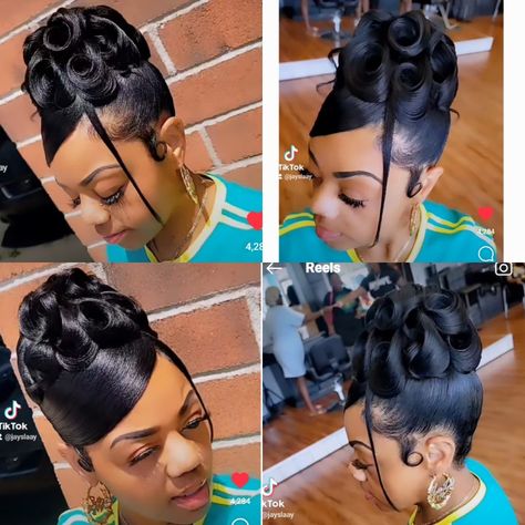 Black Women French Roll Updo, Black Pin Up Hairstyles Updo, 90s Updo Hairstyles Black Women, 90s Updo Black Women, French Roll Hairstyle For Black Women, Black Hair Updo, Straight Ponytail Hairstyles, 90's Hairstyles, Black Women Updo Hairstyles