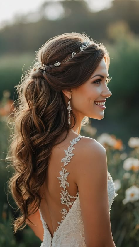 Discover the most elegant wedding hairstyles for every hair length and style From classy low buns to sophisticated updos simple down styles to beautiful veil accents find inspiration for half up half down looks long hair updos classy long hair styles and more Whether you have short hair or long locks there's a perfect hairstyle for your special day Bridal Hair Half Up With Vine, Princess Kate Wedding Hair, Wedding Hairstyles Half Up Half Down With Headpiece, Bridal Hair Down With Accessories, Hairstyles For A Line Wedding Dress, All Down Wedding Hair Side Part, Bride Wedding Hair Long, Wedding Hair For Sleeveless Dress, Wedding Romantic Hairstyles