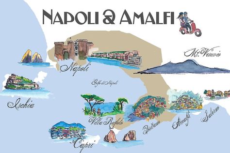 Amalfi Coast Map, Map Illustration, Travel Maps, Map Wall Art, Map Wall, Etsy Art, Hardcover Notebook, Amalfi Coast, Top Ten