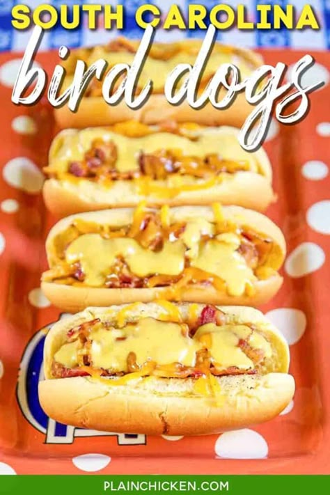 South Carolina Bird Dog Sandwiches - Plain Chicken Chicken Hotdog, Hotdog Sandwich, Sandwiches Chicken, Sandwich Chicken, Hot Dog Bun, Chicken Finger, Tailgating Food, Best Macaroni Salad, Vacation Meals