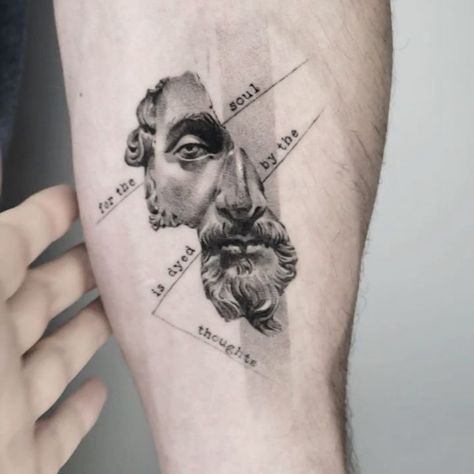 Zlata Kolomoyskaya on Instagram: “One month healed 🔥  #healedtattoo #philosopher #emperor #sculpture #artwork #details #tattoolovers #taot #tattoo #realism #tattooartistnyc…” Marcus Aurelius Tattoo Quotes, Marcus Aurelius Tattoo, Stoic Tattoo, Philosophy Tattoos, Tattoo Artistic, Tattoo Inspiration Men, Mythology Tattoos, Greek Tattoos, Tatuaje A Color