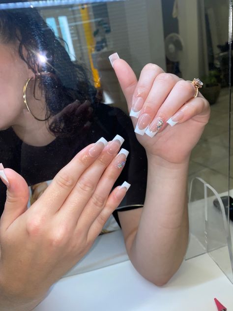 White French Tip Nails With Diamonds, White French Tip Nails With Gems, Diamond French Tip Nails, French Tip Nails With Diamonds, French Tip With Diamonds, Nail Design For Wedding, French Tip With Gems, Maroon Nail Art Designs, Acrylics Aesthetic