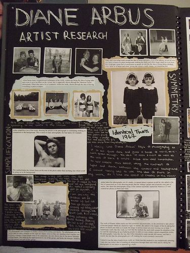 An artist research page of Diane Arbus in this photography sketchbook. Artist Research Page, Artist Research, Photography Sketchbook, Sketchbook Layout, Textiles Sketchbook, A Level Photography, Gcse Art Sketchbook, A Level Art Sketchbook, Arte Indie