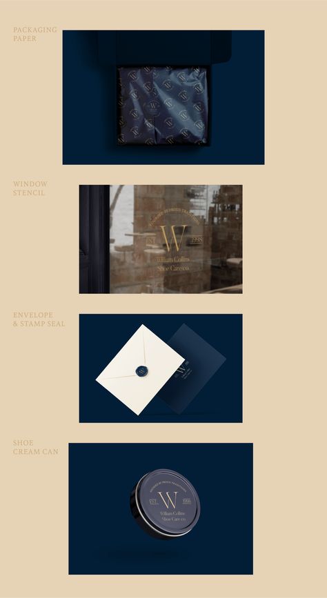 William Collins Brand Identity on Behance Gold And Dark Blue, Blue Graphic Design, William Collins, Brand Concept, Blue Graphic, Gold Branding, Blue And Gold, Blue Aesthetic, Shoe Care