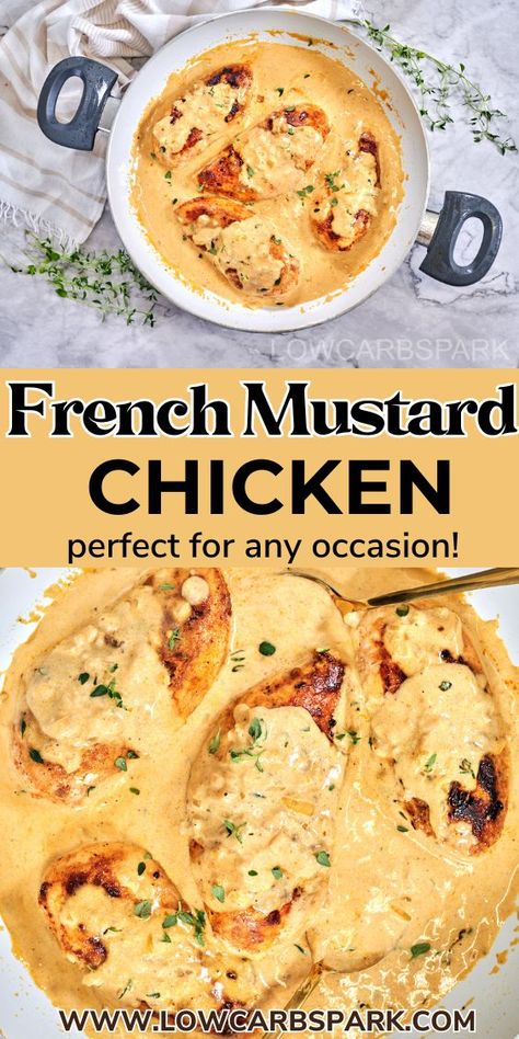 This French Mustard Chicken recipe is creamy, delicious, and incredibly easy to whip up in 30 minutes! All you need to do is pan-sear a few chicken breasts until perfectly golden, then smother in a rich and tangy mustard sauce. Whether you're cooking for a special occasion or just need a quick dinner idea, this chicken dish is sure to satisfy! Creamy French Mustard Chicken, French Mustard Chicken, Mustard Sauce For Chicken, Mustard Chicken Breast, Bird Recipes, Dijon Mustard Sauce, French Mustard, Mustard Chicken Recipes, Chicken Melts