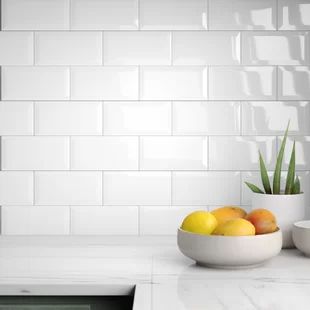 Annika 6" x 10" Porcelain Field Tile | AllModern Beveled White Subway Tile Backsplash, Glossy Subway Tile Backsplash, Subway Backsplash Kitchen, Kitchen Tiles Ideas Wall, Kitchen Tiles White, Kitchen Ceramic Wall, White Backsplash Kitchen, White Subway Tile Kitchen Backsplash, White Kitchen Tile