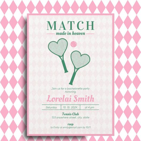 Match made in Heaven Tennis Club Bachelorette Invitation Tennis Bachelorette, Last Swing Before The Ring, Country Club Design, Club Bachelorette, Bachelorette Invitation, Country Clubs, Bachelorette Invitations, Tennis Courts, Tennis Club