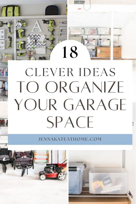 These clever tips, solutions and hacks will transform your garage from a dumping zone to a functional, organized space with lots of storage. Garage Storage Organization Zones, Garage Tub Organization, Garage Storage Cleaning Supplies, Storage For Balls In Garage, Storage Tub Organization Garage, Pegboard Garage, Garage Organization Ideas, Garage Storage Ideas, Pegboard Display