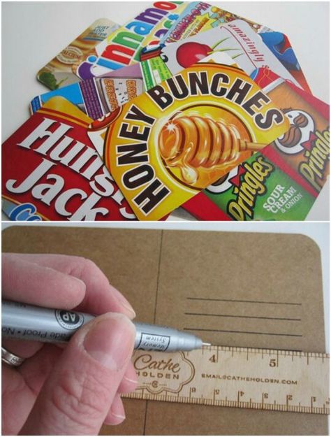 Make postcard mail art. Cereal Box Craft, Diy Box Crafts, Library Crafts, Kids Breakfast, Box Project, Cardboard Box Crafts, Recycle Cans, Cereal Boxes, Easy Paper Flowers