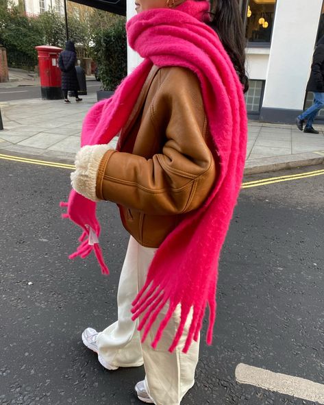 if in doubt wear a big coat and a bright scarf 💘💘💘… | Instagram Bright Scarf Outfit Winter, Pink Scarf Aesthetic, Pop Of Pink Outfit, Autumn Outfits Colorful, Bright Scarf Outfit, Pink Scarf Outfit Winter, Bright Pink Sweater Outfit, Pink Scarf Outfit, Colorful Scarf Outfit