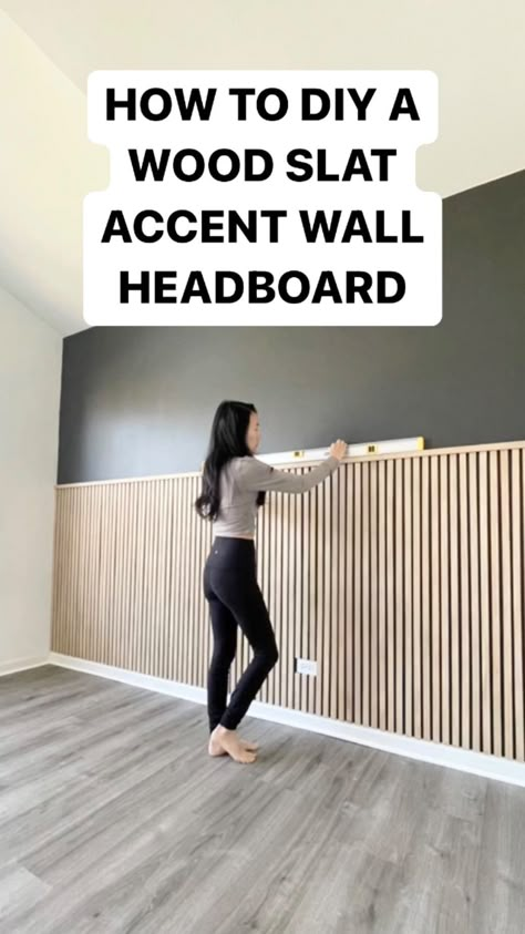 DIY WOOD SLAT ACCENT WALL & HEADBOARD TO SAVE✨✨ I had so many ideas in mind with this wall. I’m a bit obsessed with wood paneling. Out of… | Instagram Wall Ideas Behind Bed, Accent Wall Headboard, Wood Slat Accent Wall, Wood Accent Wall Bedroom, Slat Accent Wall, Bed Back Wall, Wall Transformation, Wall Bedroom Diy, Wall Behind Bed