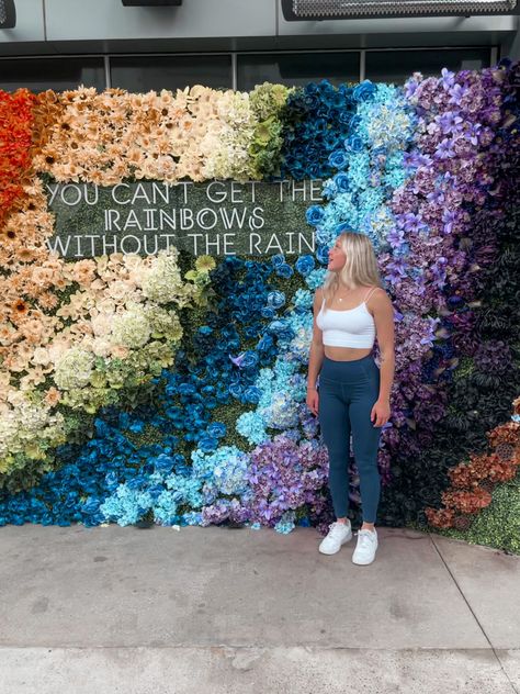 Rainbow, Colorful, Outfit, Summer, Blonde, Beach Rainbow Flower Wall, Rainbow Song, Floral Storage, Selfie Museum, Small Staircase, Event Booth Design, Festival Booth, Birthday 22, Fairy Tree Houses