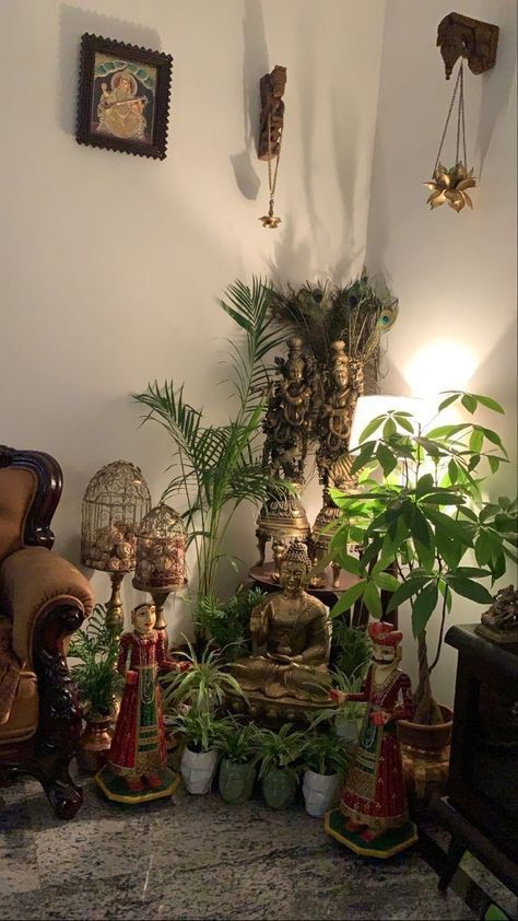 Ramayan Path Decoration, Drawing Room Plant Decor, Buddha Home Decor Living Room, Buddha Corner Decor Living Room, Buddha Corner Decor, Brass Decor Indian Living Rooms, Home Decor Diy Ideas, Buddha Home Decor, Indian Interior Design