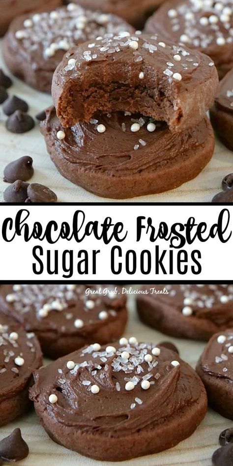 Chocolate Frosted Sugar Cookies are thick, soft and chewy, topped with chocolate frosting and candied sprinkles. Frosted Chocolate Chip Cookies, Flavored Sugar Cookies, Chocolate Chip Sugar Cookies, Chocolate Sugar Cookie Recipe, Frosted Sugar Cookies, Chocolate Chip Shortbread Cookies, Toffee Cookies, Recipe Baking, Chocolate Sugar Cookies