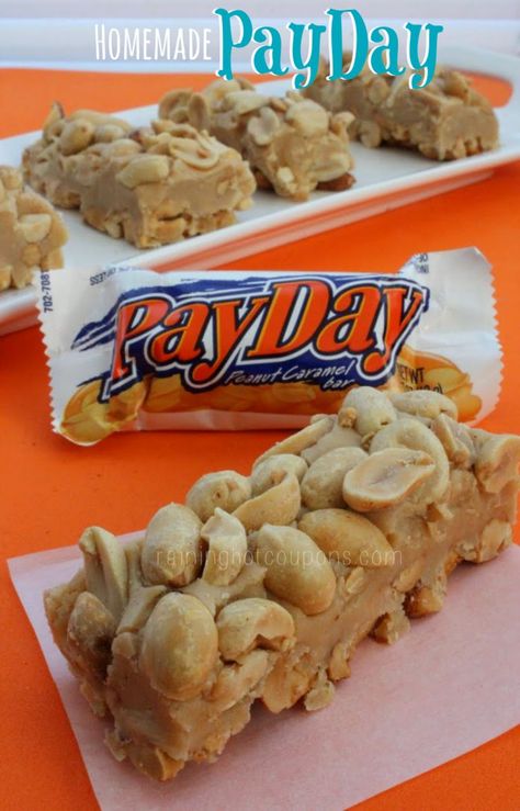 Yippee! I am so excited to share this next super easy and tasty candy bar recipe with all of you! These PayDay candy bars and homemade and full of yummy ingredients. These seriously taste like the real thing and can be made pretty dang fast. I love candy bars but if I can make my own at home, it’s even better! Enjoy… Homemade Payday, Payday Candy, Payday Candy Bar, Homemade Candy Bars, Candy Bar Recipe, Candy Recipes Homemade, Peanut Butter Chips, Homemade Candies, Candy Desserts