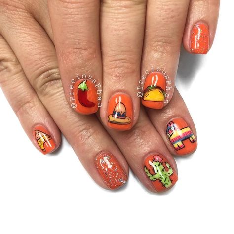 New Mexico Nails Art Designs, Cinco De Mayo Nails Design, Mexican Theme Nails, Cinco De Mayo Nails Ideas, Septiembre Nails, Gel Mani Ideas, Mexican Style Nails, Short Nail Art Ideas, Pedi Nails