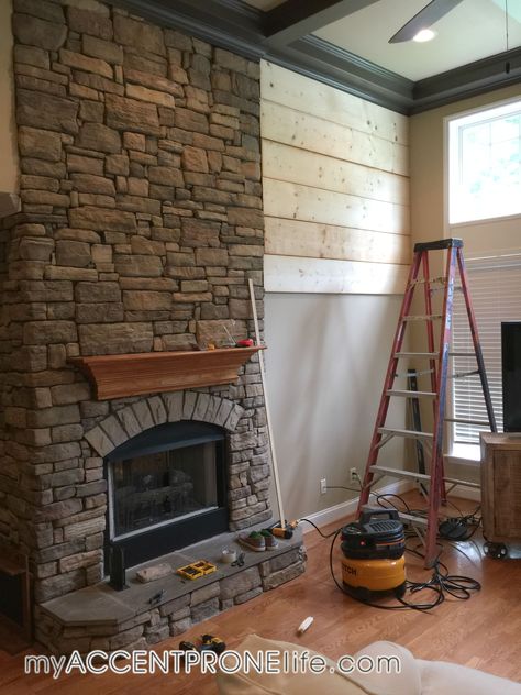 Stone Fireplace With Shiplap On Sides, Shiplap Over Stone Fireplace, Stone Fireplace With Shiplap, Shiplap And Stone Fireplace, Fireplace With Shiplap, Ledge Stone Fireplace, Flip Homes, Diy Plank Wall, White Stone Fireplaces