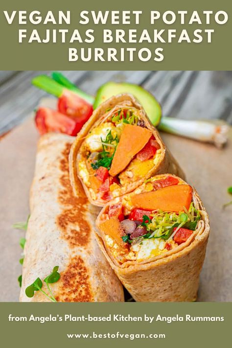 Get the exclusive sweet potato fajitas breakfast burritos recipe from Angela Rummans' new cookbook, Angela's Plant-Based Kitchen, at bestofvegan.com. #bestofvegan#angelarummans#angelasplantbasedkitchen#veganbreakfast#veganbreakfastburrito Angela Rummans, Sprouting Sweet Potatoes, Lemon Poppyseed Pancakes, Meal Rotation, Vegan Burrito, Breakfast Burritos Recipe, Vegan Brunch, Burritos Recipe, Vegan Sweet Potato