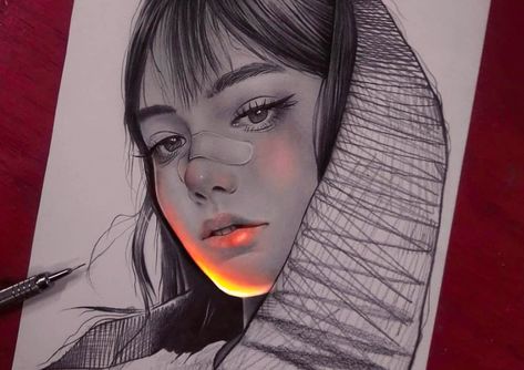 Mexican artist Enrique Bernal creates beautiful pencil drawings that look like they’ve been illuminated with bright fluorescent lights. Pencil Drawing, Pencil Drawings, Pencil, Drawings