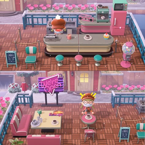 animal crossing new horizons paster american diner '50 ideas Diner Ideas Acnh, Store Ideas Animal Crossing, Outside Cafe Animal Crossing, Animal Crossing Ideas Outside, Animal Crossing Dinner Ideas, Acnh Dinner Ideas, Animal Crossing Snack Area, Things To Add To Animal Crossing Island, Animal Crossing Dessert Shop