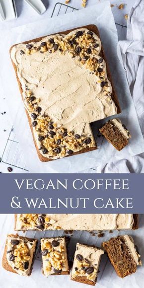 Vegan Traybake Recipes, Vegan Walnut Cake, Vegan Coffee And Walnut Cake, Vegan Traybake, Vegetarian Cakes, Easy Vegan Cake, Vegan Cake Recipe, Fluffy Coffee, Traybake Cake