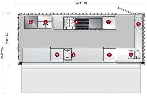 Grundriss Food Truck Manhattan Food Truck Interior, Shipping Container Cafe, Container Coffee Shop, Small Restaurant Design, Iso Container, Container Restaurant, Container Cafe, Sea Containers, Container Truck