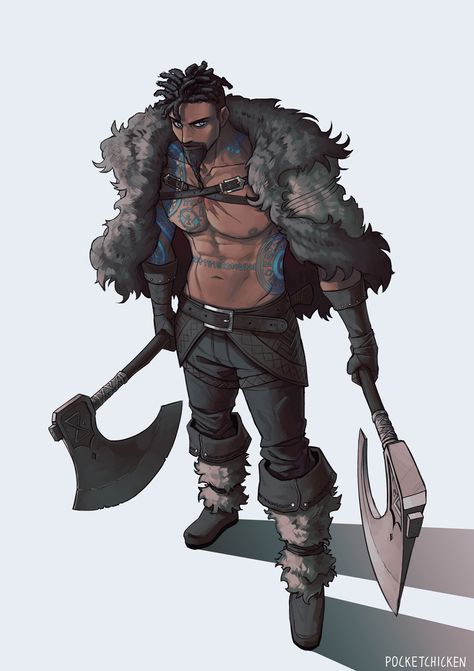 Dual Axes, Barbarian Dnd, Character Commission, Viking Character, Black Anime Guy, Heroic Fantasy, 다크 판타지, Dungeons And Dragons Characters, Black Characters