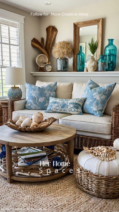 15 Beach Cottage Decor Ideas Full of Coastal Charm - Her Home Spaces Seaside Cottage Interior, Key West Decor, Seaside Cottage Decor, Coastal Home Interior, Cozy Beach Cottage, House Themes, Beach Decor Ideas, Coastal Cottage Decorating, Coastal Patio