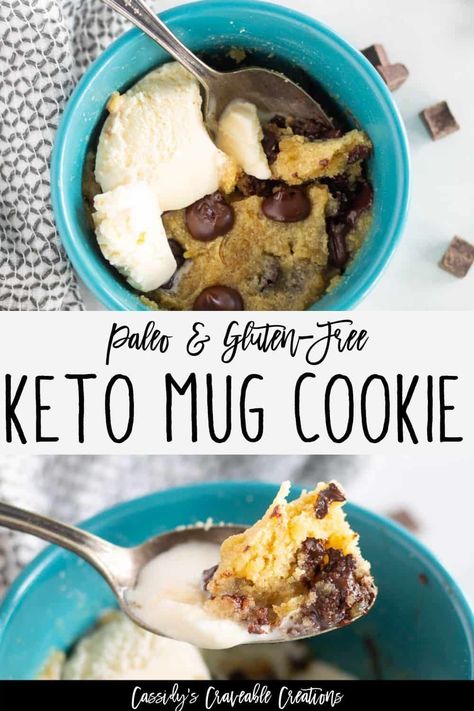 This warm, soft chocolate chip keto mug cookie can be yours in less than 5 minutes! It's a perfect sweet treat with minimal effort. Plus, in addition to low-carb, it's paleo and gluten-free too! Keto Mug Cookie, Keto Chocolate Chip Mug Cake, Chocolate Chip Mug Cookie, Low Carb Chocolate Chip Cookies, Low Carb Mug Cakes, Mug Cookie, Keto Mug, Chocolate Chip Mug Cake, Paleo Chocolate Chip Cookies