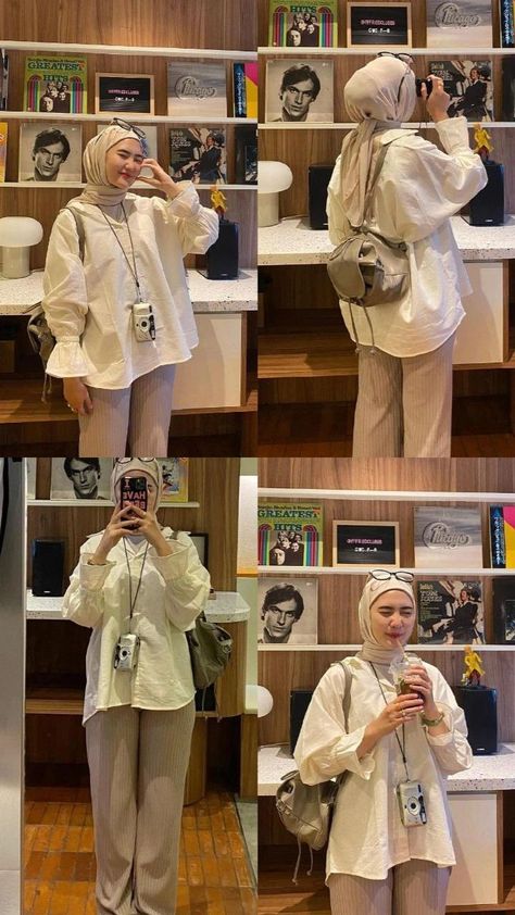 White Oversized Shirt & Baggy Pants Outfit Ootd Korean Style Hijab, Pengantin Modern, Korean Style Hijab, Ootd Korean Style, Ootd Hijab Casual, Outfit Korean Style, Outfit Korean, Hijab Style Casual, Hijabi Fashion Casual