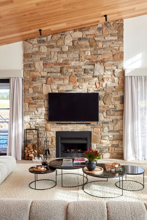 Stone Cladding Fireplace Feature Walls, Fireplace Cladding Ideas, Stone Cladding Fireplace, Stone Fireplace Wall, Ceiling Fireplace, Fireplace Feature Wall, Stone Feature Wall, Stone Wall Design, Stone Chimney