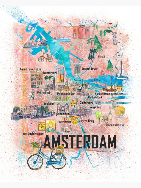 Amsterdam Map, Van Gogh Museum, Scrapbooking Stickers, Anne Frank, Amsterdam Netherlands, Illustrated Map, Scrapbook Stickers, Travel Journal, Netherlands