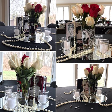 Table Centerpieces for Hollywood Glam themed bridal shower Glamour Centerpieces, Vintage Hollywood Party, Old Hollywood Glam Wedding, Glam Wedding Centerpieces, Hollywood Glamour Party, Old Hollywood Prom, Centerpieces For Weddings, Old Hollywood Theme, Wedding Centerpiece Ideas