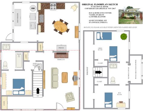 Dan & Roseanne Connor (Conner) home floor plan, 714 Delaware St Lanford IL, 619 Runnymede Ave Evansville IN --- this is a mesh of the studio set and exterior view used for the show. Some creative license was used to make it work, but overall it fits very well. Fictional Floor Plans, Cinema Scenes, Sims House Inspiration, Tv Show House, Cartoon Home, Phil Cho, Home Layouts, Anime Rapper, Sims 4 House Plans