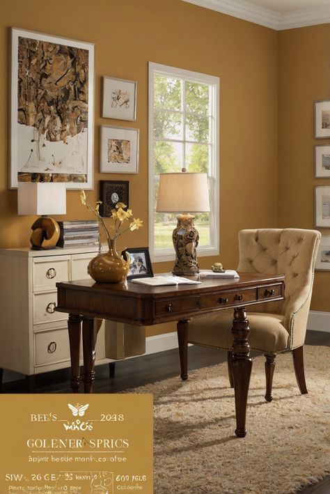 Transform your home into a warm and inviting sanctuary with Bee's Wax SW 7682: Golden Honey. Discover top paint trends for cozy spaces in 2024. #Ad #homedecor #homedesign #trendgirlApartment #Painthome #interiorarchitecture Wall Colors Green Room Colors
Bright Room office Colors
Apartment Renovation
Home office Remodeling
Modern Paint Colors
2024 Mustard Home Office, Behr Gold Paint Colors, Golden Brown Paint Color, Mustard Paint Color Walls, Golden Wall Paint, Gold Paint Colors For Walls, Warm Paint Colors For Home, Dark Yellow Paint, Soft Yellow Walls