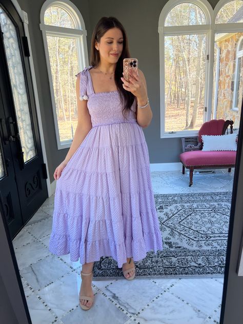 Pregnancy Easter Outfit, Fashion Forecast 2024, Purple Easter Dress, Crop Top Ideas, Tie Shoulder Dress, Easy Summer Outfit, Pom Dress, Simple Spring Outfits, Neutral Sandals