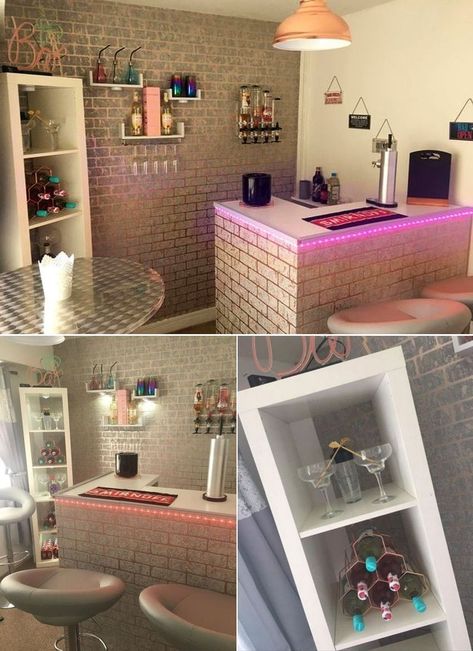 Carla Lister from Rochdale, Manchester has transformed her spare bedroom into a woman cave featuring a self-built bar. It took her a week to complete the home bar, spending about £400 ($508) on all the transformation and the liquor stock. Womens Cave Room Ideas, Women Cave Ideas Basements, Womens Room Lady Cave, Babe Cave Dream Rooms, Woman Cave Diva Den, Chill Room Ideas Lounges, Hangout Room Ideas Woman Cave, Ladies Lounge Woman Cave, Diva Den Ideas