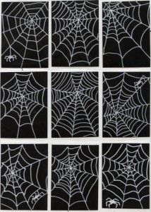 Spiderwebs, thanks to white paint markers on black card stock paper. Match made in heaven! #Sharpie #spiderweb Black Scrapbook Paper, Spider Web Drawing, Halloween Art Projects, October Art, Fall Art Projects, Art Trading Cards, Art Projects For Kids, Elementary Art Projects, Fall Art