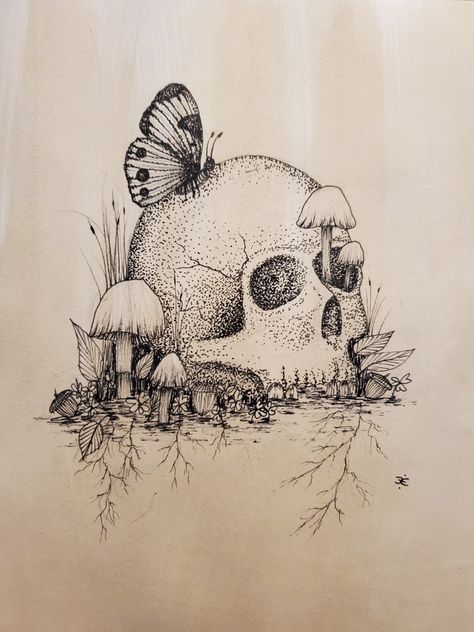 Woodland Theme Tattoo, Moth And Mushroom, Skull With Mushrooms, Skull Mushroom, Forest Ideas, Mushroom Skull, Inktober 2024, Mushroom Tattoos, Theme Tattoo