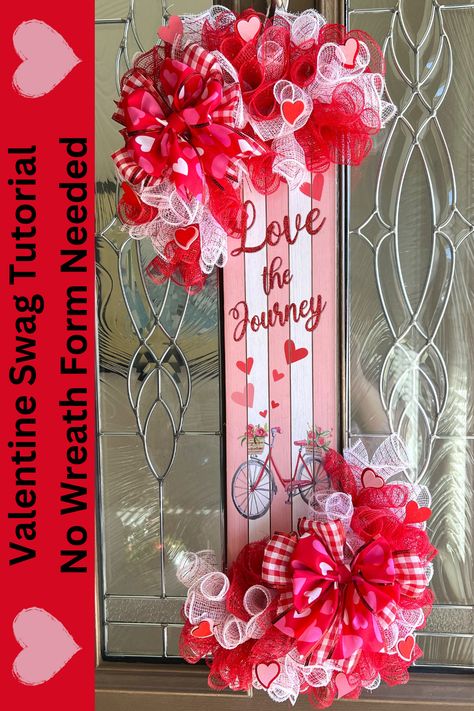 In today's crafting adventure I will show you how to create this Love the Journey Valentine's Day swag. No wreath form is needed for this deco mesh project. This method can be used to add mesh and ribbon to any sign in whatever size and shape you need. I had so much fun putting together this Valentine DIY. Most of the materials to make this Valentine's day wreath comes from Dollar Tree making it very budget friendly. Let me show you how to make this deco mesh Valentine's Day craft. Valentines Tulle Wreath Diy, Valentine Door Swag Diy, Deco Mesh Valentine Wreaths Diy, Valentines Dollar Tree Diy, Valentines Wreaths For Front Door, February Wreath, Valentine Wreath Tutorial, Tulle Wreath Diy, Valentine Mesh Wreaths