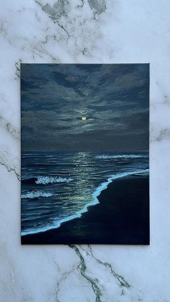 Night Time Beach Painting, Night Time Painting Ideas, Beach Painting Night, Moon Canvas Painting Ideas, Moonlit Night Painting, Ocean Night Painting, Diptych Art Ideas, Night Drawing Pencil, Painting Ideas On Canvas Sea