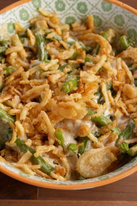 Microwave Green Bean Casserole  - Delish.com Traditional Green Bean Casserole Recipe, Microwave Green Beans, Ultimate Green Bean Casserole, Traditional Green Bean Casserole, Best Green Bean Casserole, Blanching Green Beans, Vegan Green Bean Casserole, Can Of Soup, Greenbean Casserole Recipe