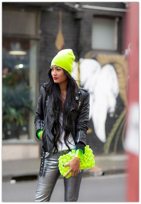 Art Symphony: Fluo and Neon colors (II) Beanie Outfit, Neon Green, A Woman, Neon, Yellow, Green, Black