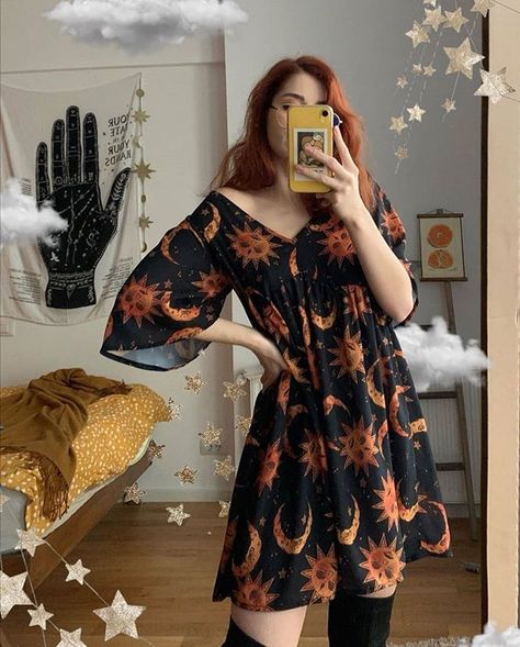 Cosmic Drifters on Instagram: “Tangerine Queen @maracalli in her Celestial Carnival print Alse and Hermione dresses 🌞🌚 🍊 Which is your fave? Available handmade to order…” Witchcore Aesthetic Outfits, Witchcore Fashion, Hermione Dress, Modern Witch Outfit, Witch Aesthetic Outfit, Modern Witch Fashion, Witchy Outfits, Orange Fits, Witch Fashion