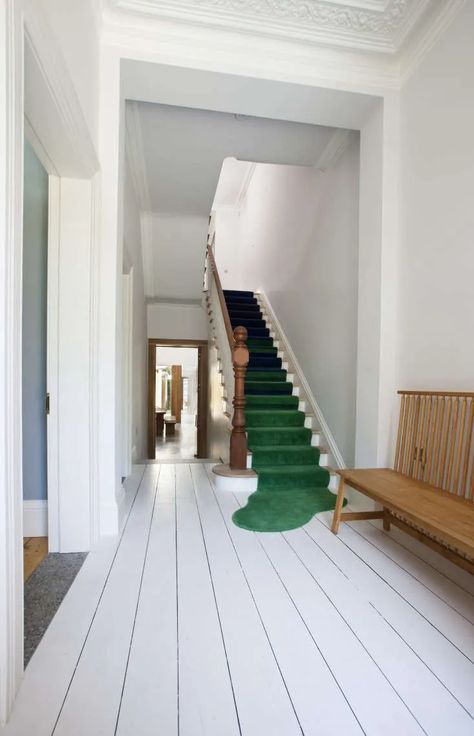 A Victorian Transformation, Dublin Style - Remodelista Painted Stairs, Wooden Stairs, Living Room Green, Stair Runner Carpet, Carpet Stairs, Stair Runner, Wooden Bench, Cheap Decor, Wooden Flooring