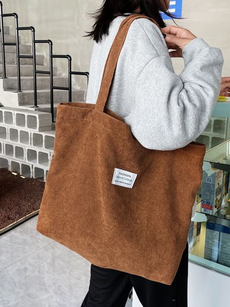 Brown Preppy Collar  Polyester Letter Shopper Bag Embellished   Women Bags Cheap Brown Tote Bag, Casual Brown Canvas Shopping Bag, Cute Brown Tote Bag, Brown Tote Bag For Shopping, Practical Brown Tote Bag, Pretty Tote Bags, Corduroy Top, Preppy Bags, Letter Bag