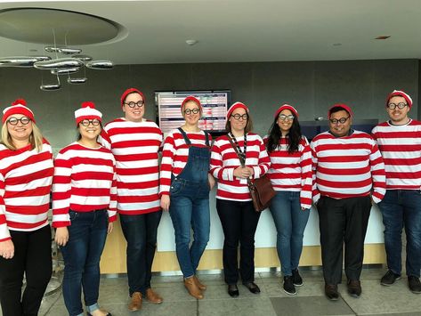 Halloween Costumes For Medical Field, Group Costume For Work, Daycare Staff Halloween Costumes, Wheres Waldo Group Costumes, Group Halloween Costumes Work Appropriate, Easy Group Costumes Last Minute, Work Team Costume Ideas, 12 Person Halloween Costume, Costume Ideas For 10 People